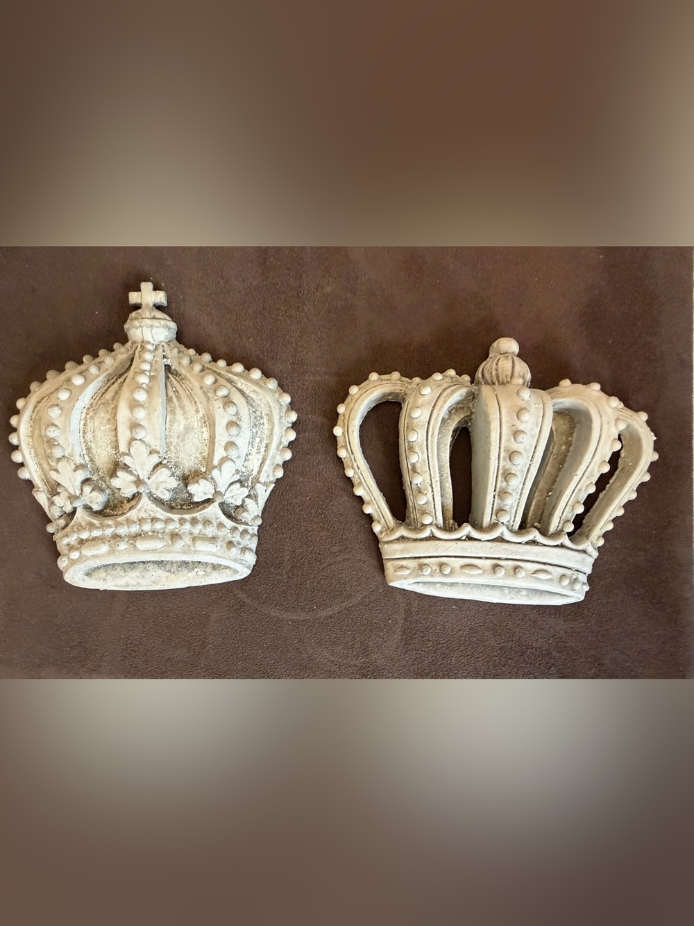 Pair of Decorative Plaster/Resin Crowns in Distressed White